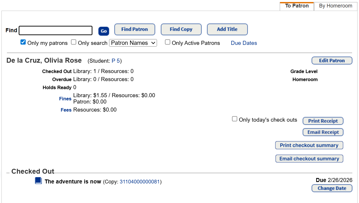 Check Out page showing item in Checked Out section.